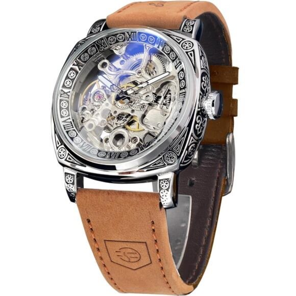 Watches for Man, Square Retro Mechanical Watch Self-Wind Carved,